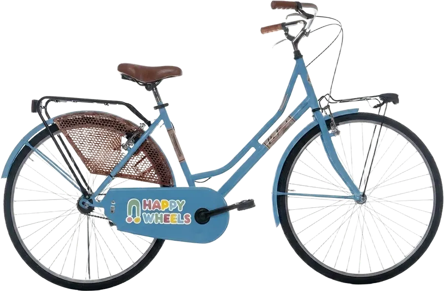 A sky-blue city bike with a brown leather saddle and wicker-style rear guard
