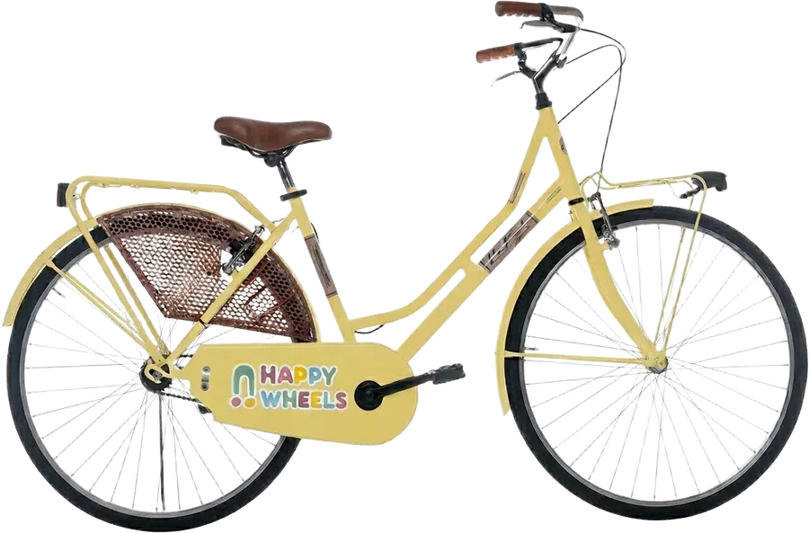 A pale-yellow city bike with a brown leather saddle
