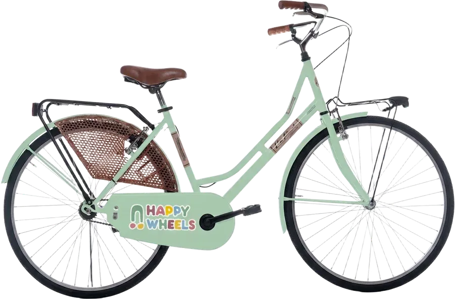 A pistachio-green city bike with a brown leather saddle