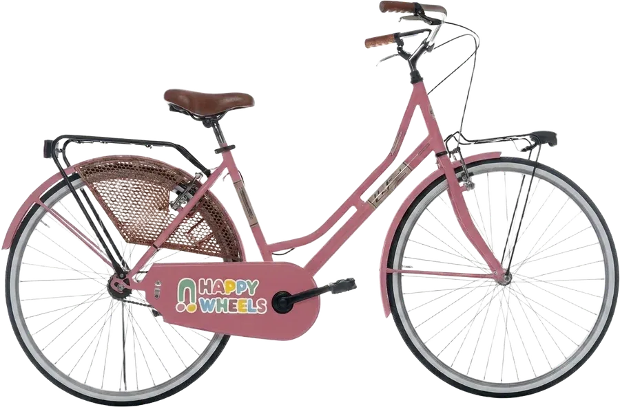 A dusty-pink city bike with a brown leather saddle