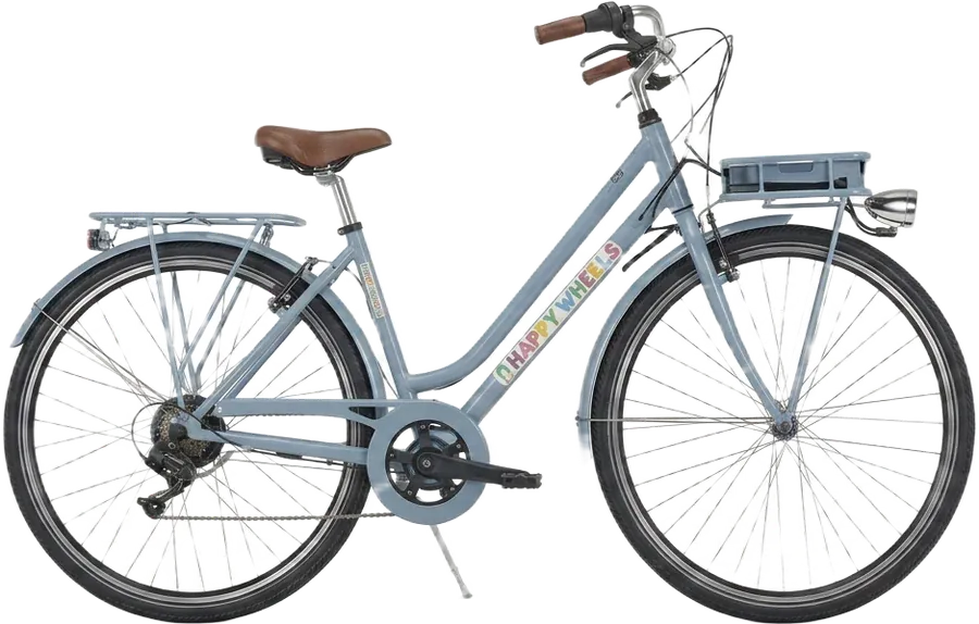 A light-blue electric city bike with a rear battery pack and brown saddle