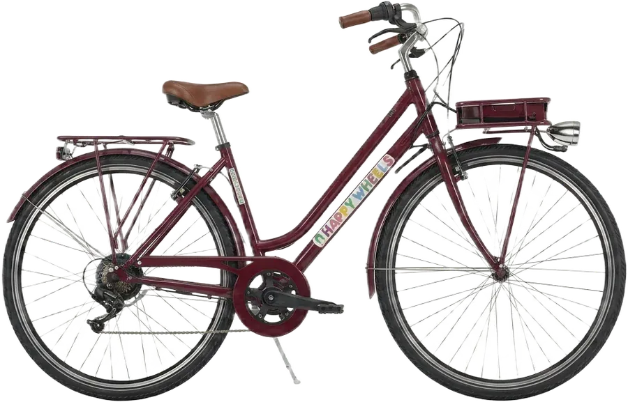 A deep-rose electric city bike with a rear battery pack and brown saddle