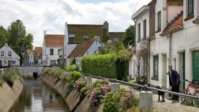 A canal lane in Lissewege with whitewashed houses and flowers